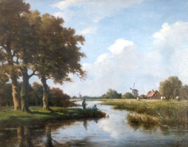 Adriaan Marinus Geijp | Anglers in a polder landscape, Öl auf Holz, 29,8 x 37,5 cm, signed l.r. with monogram