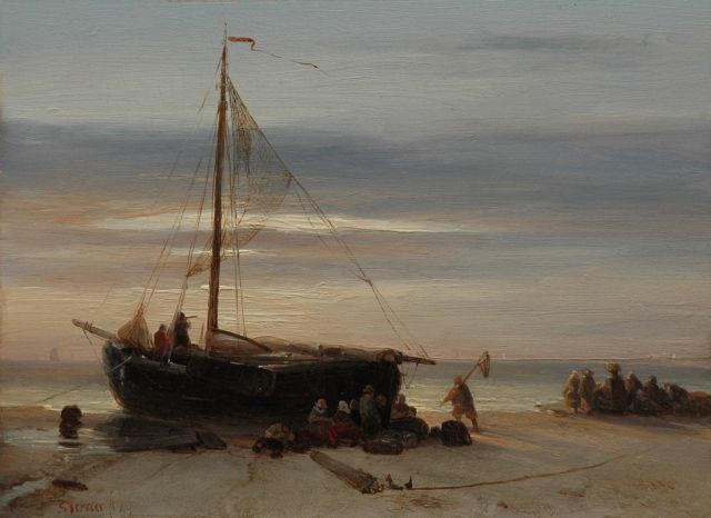 Salomon Verveer | Fish auction on the beach, Öl auf Holz, 17,9 x 24,1 cm, signed l.l. und dated '43
