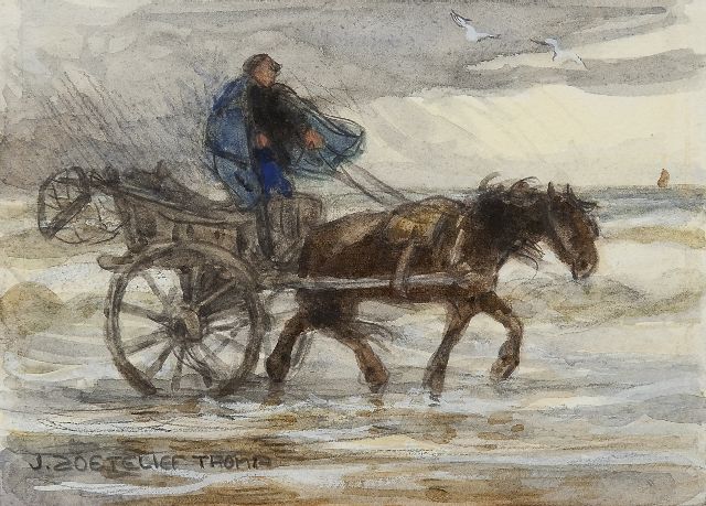 Jan Zoetelief Tromp | Shell fisherman with horse-and-carriage, Bleistift und Aquarell auf Papier, 12,7 x 16,8 cm, signed l.l.