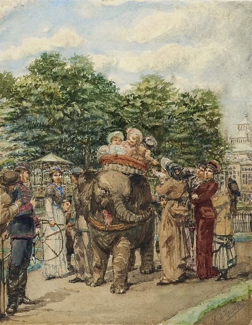 Hendrikus Matheus Horrix | The zoo in The Hague: a ride on the elephant, Aquarell auf Papier, 28,5 x 22,3 cm, signed l.r.