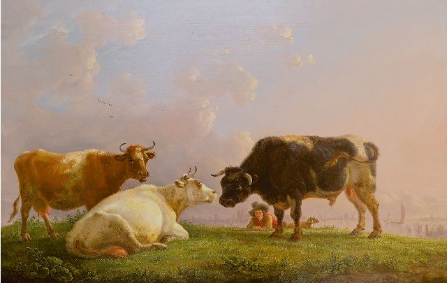 Jean Baptiste De Roy | Hirtenjunge mit Kühen und einem Stier, in der Ferne eine Stadt, Öl auf Holz, 41,5 x 64,5 cm, Unterzeichnet u.r. und zu datieren um 1825-1835