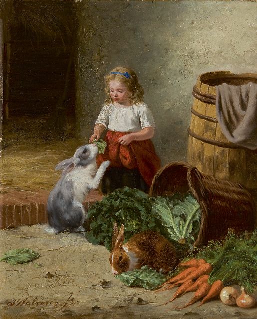 Jan Walraven | Feeding the rabbits, Öl auf Holz, 33,9 x 27,6 cm, signed l.l. und dated 'Bruxelles 1878' on the reverse