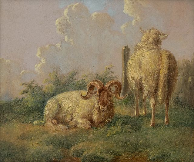 Albertus Verhoesen | Widder und Mutterschaf in sommerlicher Weide, Öl auf Holz, 14,5 x 16,5 cm, Unterzeichnet r.v.d.M. und datiert 1845
