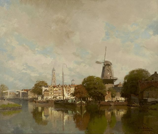 Karel Klinkenberg | Stadtansicht mit Groenmolen und Turm der Nieuwe Kerk von Delft, Öl auf Leinwand, 39,5 x 47,4 cm, Unterzeichnet r.u.