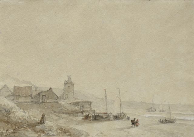 Andreas Schelfhout | Figures near fishing smacks on the beach, Getuschte Tinte und Aquarell auf Papier, 13,0 x 19,0 cm, signed l.l. with initials