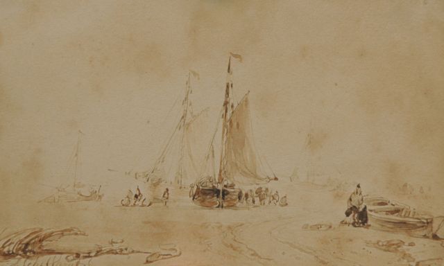 Andreas Schelfhout | Fishermen and fishing smacks on the beach, Sepia auf Papier, 9,0 x 14,0 cm, signed l.l.