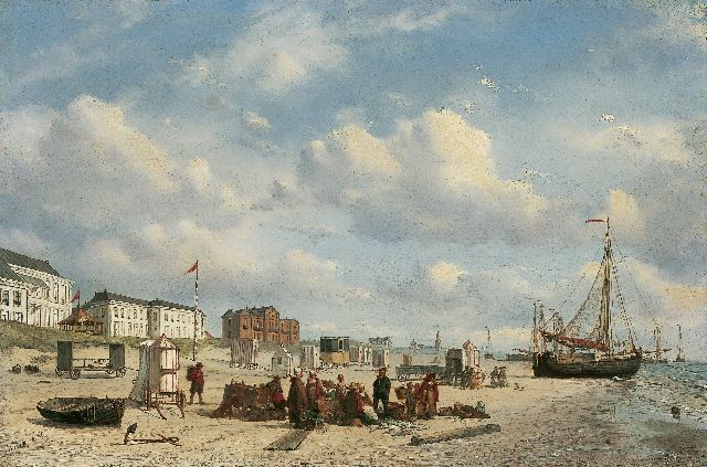 Petrus Paulus Schiedges | A fish auction and an elegant company on the beach of Scheveningen, Öl auf Tafel, 28,8 x 43,5 cm, signed l.l. und dated '58