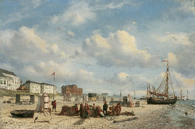 Petrus Paulus Schiedges | A fish auction and an elegant company on the beach of Scheveningen, Öl auf Holz, 28,8 x 43,5 cm, signed l.l. und dated '58