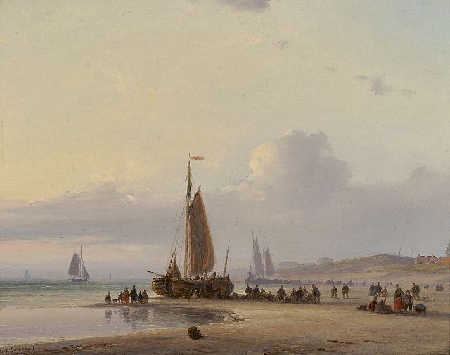 Lodewijk Johannes Kleijn | Fischerboot ('Bom') und Fischer auf dem Strand bei Scheveningen, Öl auf Holz, 18,7 x 23,5 cm, Unterzeichnet l.u.