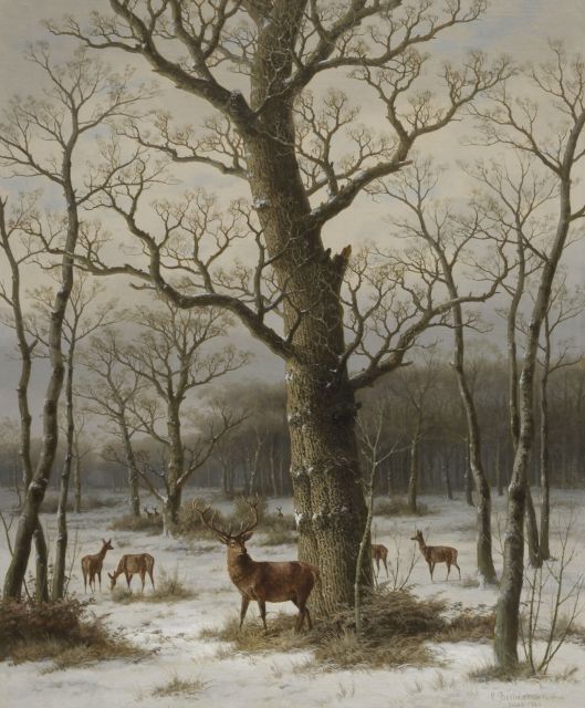 Bimmermann C.  | A snowy forest with deer, Öl auf Leinwand 94,3 x 77,1 cm, signed l.r. und dated 'Dldf. 1886'