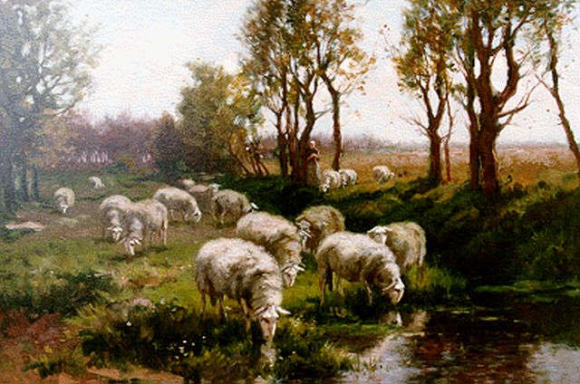 Johannes Karel Leurs | Shepherdess with flock, Öl auf Leinwand, 47,5 x 67,5 cm, signed l.r.