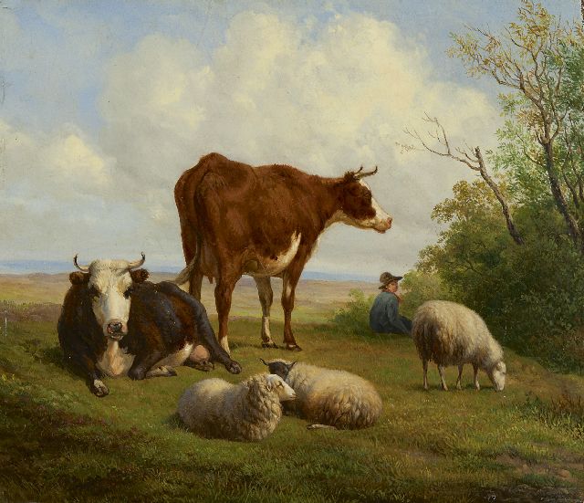 Hendrikus van de Sande Bakhuyzen | A summer landscape with cowherd and cattle, Öl auf Holz, 26,2 x 30,1 cm