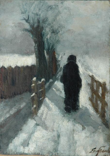 Eduard Frankfort | Figure in the snow, Öl auf Leinwand auf Holz, 39,7 x 28,4 cm, signed l.r.