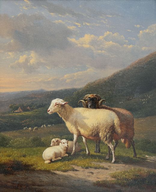 Eugène Verboeckhoven | Widder mit Schaf und Lämmern in Hügellandschaft, Öl auf Holz, 30,8 x 25,8 cm