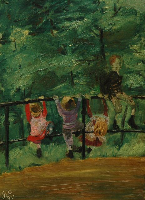 Duitse School | Spielende Kinder im Hofgarten, Düsseldorf, Öl auf Leinwand  auf Holzfaser, 26,7 x 20,0 cm, Unterzeichnet signiert 'g.c.' und datiert '90