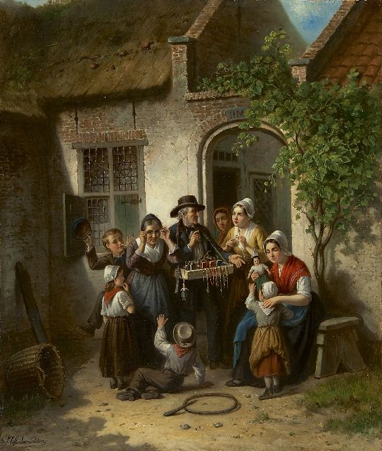 Jan Damschreuder | The peddler, Öl auf Leinwand  auf Holzfaser, 73,7 x 62,8 cm, signed l.l. and on a label on the stretcher und dated 1873 on a label on the stretcher