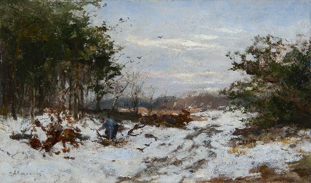Johan Frederik Cornelis Scherrewitz | Gathering wood in a snowy landscape, Öl auf Holz, 24,9 x 42,0 cm, signed l.l.