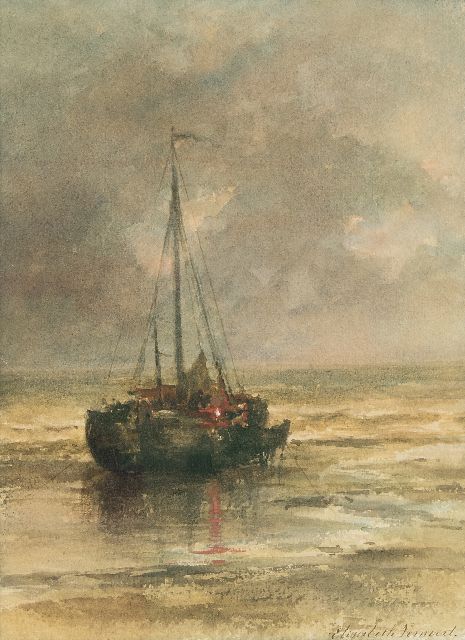 Verwoert M.E.  | 'Bomschiff' vor Anker am Strand, Aquarell auf Papier 29,8 x 22,2 cm, Unterzeichnet r.u.