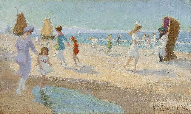 Hendrik Steenwijk | Fun at the beach, Öl auf Leinwand  auf Holzfaser, 28,9 x 48,2 cm, signed l.r.