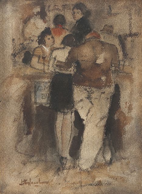 Jan Rijlaarsdam | An der Bar, Kreide und Aquarell auf Papier, 36,8 x 27,0 cm, Unterzeichnet l.u.