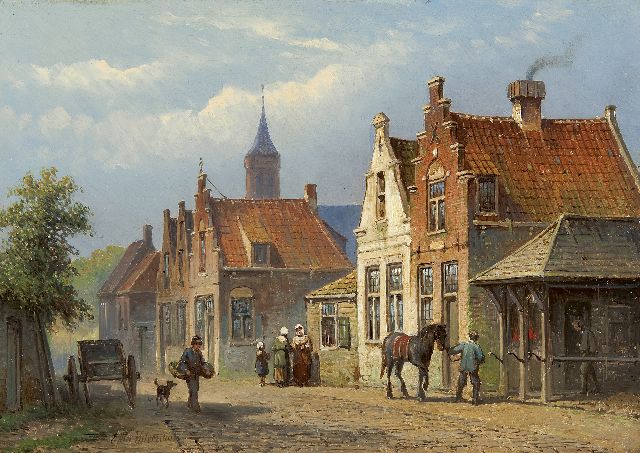 Hilverdink E.A.  | Daily activities in a sunlit street, Öl auf Holz 22,8 x 32,0 cm, signed l.l.