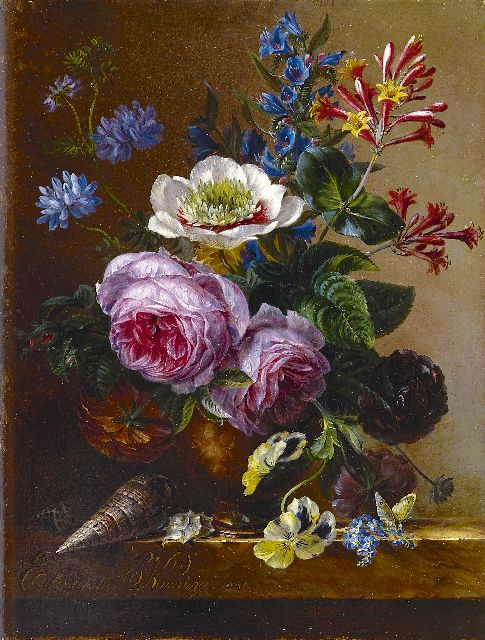 Elisabeth Johanna Koning | An exuberant flower still life on a marble ledge, Öl auf Holz, 35,1 x 26,7 cm, signed l.l. und dated 1841