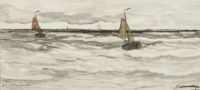 Hendrik Willem Mesdag | Zurückkehrende 'Bom'schiffe, Feder und Tinte und Aquarell auf Papier, 20,6 x 43,2 cm, Unterzeichnet r.u. und datiert 21. Februar 1902