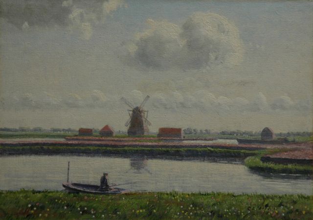 Charles Ludwig Stricker | Landscape near Nieuwer-Amstel, with the 'Koenenmolen' and bulbfields, Öl auf Leinwand  auf Holzfaser, 24,5 x 34,5 cm, signed l.r. und painted in May 1918