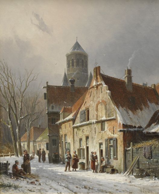 Adrianus Eversen | A village street in winter, Öl auf Leinwand, 44,7 x 36,7 cm, signed l.r.