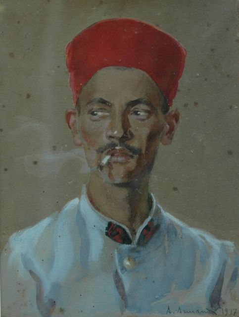 Franse School | Rauchender Mann mit Fes, Aquarell auf Papier, 26,3 x 20,0 cm, Unterzeichnet r.u. 'A. Armand und datiert 1917