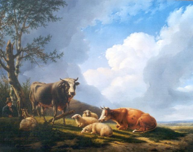 Charles Hagenbeek | Cows and sheep resting in a summer landscape, Öl auf Leinwand, 89,2 x 118,7 cm, signed with monogram on bull and tree trunk