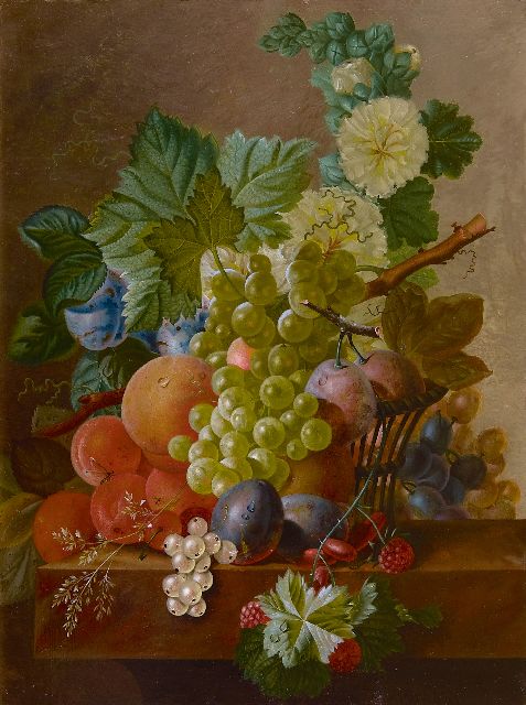 Johannes Cornelis de Bruyn | Trauben, Pfirsiche und weiteres Obst auf einer Steinfußleiste, Öl auf Holz, 42,6 x 32,6 cm