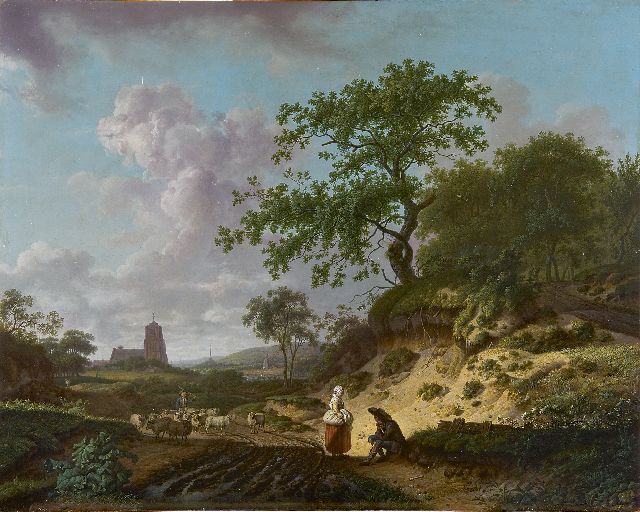 Schweickhardt H.W.  | A wooded landscape with landfolk and a drover with his herd, Öl auf Holz 50,6 x 63,8 cm, signed l.l.