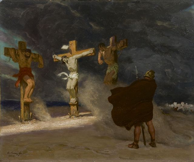 Kampf E.P.A.  | Golgotha, Öl auf Holzfaser 50,1 x 60,0 cm, Unterzeichnet l.u. und datiert 1944