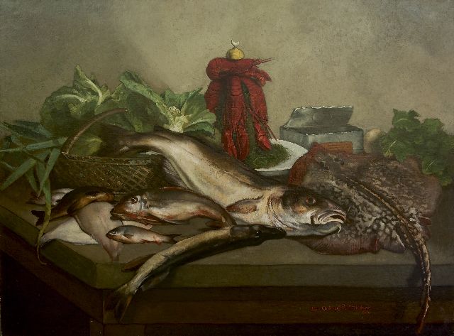 Louis Dubois & Léopold Speekaert | Silleben mit Fisch und Krebs, Öl auf Leinwand, 105,9 x 142,2 cm, Unterzeichnet r.u. von beiden Künstlern und datiert 1866