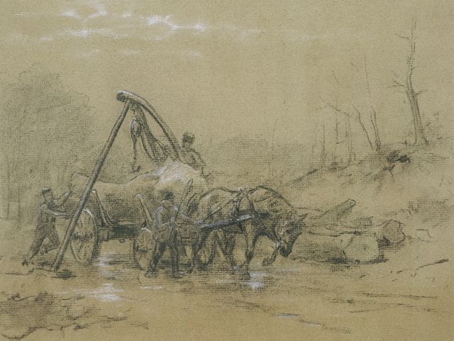 Eerelman O.  | Betriebsamkeit mit einem Langholzwagen, Kreide auf Papier 45,0 x 57,1 cm
