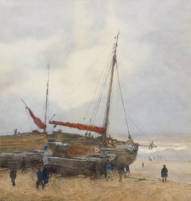 Tholen W.B.  | 'Bomschiffe' auf dem Strand von Scheveningen, Aquarell und Gouache auf Papier 55,0 x 52,0 cm, Unterzeichnet l.u.