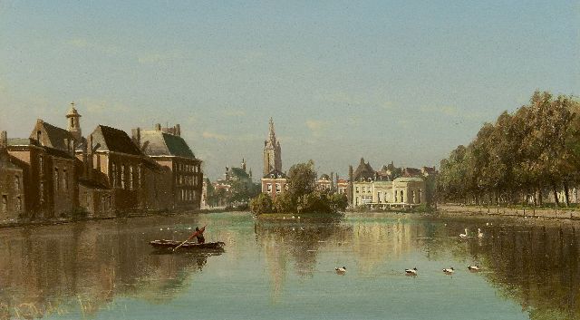 Johannes Josephus Destrée | The Hofvijver, The Hague, Öl auf Holz, 19,6 x 33,9 cm, signed l.l. und dated 1871