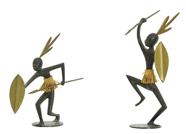 Werkstätte Hagenauer Wien | Zwei tanzende afrikanische Krieger, Bronze, Stroh, 14,5 x 15,0 cm