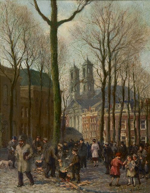 Gerard Johan Staller | Aussicht auf den Jonas Daniël Meijerplein (bei dem Waterlooplein) in Amsterdam, Öl auf Holz, 24,5 x 18,9 cm, Unterzeichnet r.u.