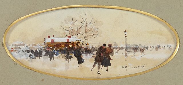 Luigi Loir | Ice scaters in Bois de Boulogne, Bleistift, Tinte, Aquarell und Gouache auf Papier, 3,8 x 9,3 cm, signed l.r.