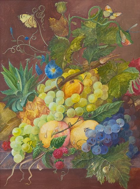 J. Keldermans | Stilleben mit Blumen und Obst, Gouache auf Papier, 43,2 x 32,0 cm, Unterzeichnet l.u. und datiert 18(?)2