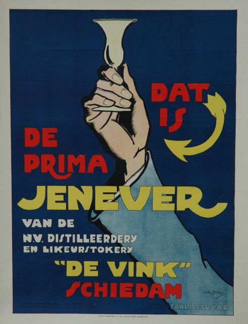 Sluiter J.W.  | Poster 'Dat is de prima Jenever van 'De Vink' Schiedam', Farbsteindruck auf Poster 45,5 x 58,0 cm, signed l.r. on the stone