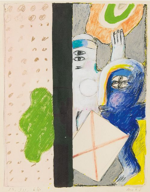 Horst Antes | Paar im Interieur, Bleistift, Kreide, Tinte und Gouache auf Papier, 36,4 x 30,0 cm, Unterzeichnet u.r. und datiert 29.VII.64