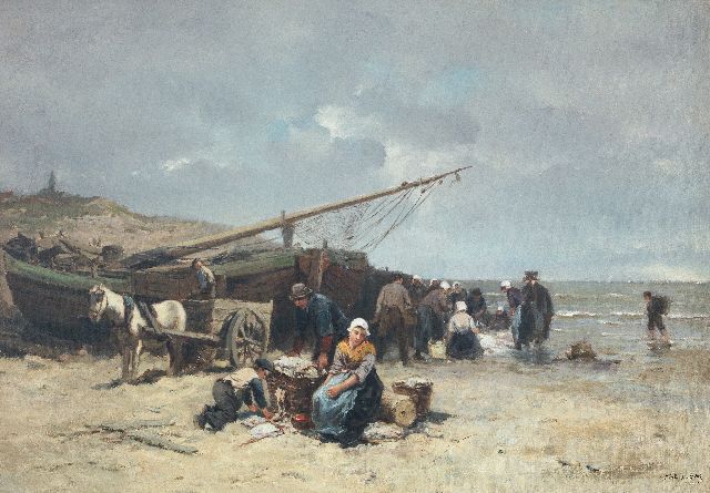 Kate J.M. ten | Fischversteigerung auf dem Strand von Scheveningen, Öl auf Leinwand 50,5 x 73,5 cm, Unterzeichnet r.u.