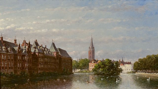 Petrus Gerardus Vertin | The Hofvijver and the Binnenhof, The Hague, Öl auf Holz, 18,4 x 31,9 cm, signed l.l. und dated '86