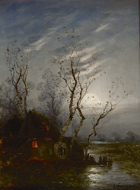 Johann Jungblut | Bauernhof im Polder bei Mondlicht, Öl auf Holz, 24,0 x 17,7 cm, Unterzeichnet r.u.