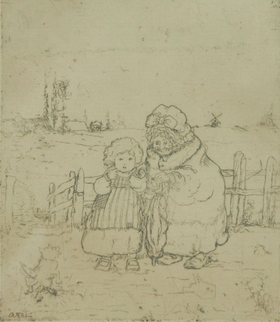 Klinkhamer A.  | Grandmother and child, Radierung auf Papier 12,3 x 10,6 cm, signed l.l. with initials (in pen)