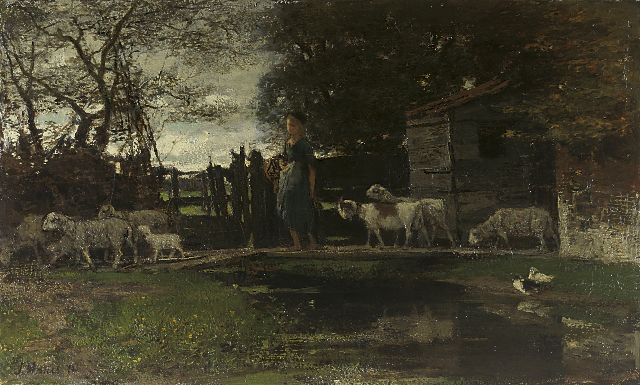 Jacob Maris | Shepherdess with her flock, Öl auf Leinwand, 23,8 x 37,8 cm, signed l.l. und dated '72