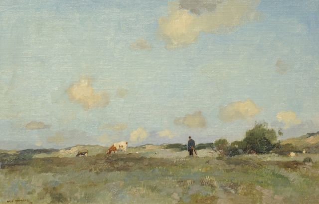 Aris Knikker | Bauer mit weidenden Kühen in Dünenlandschaft, Öl auf Leinwand  auf Holzfaser, 24,0 x 36,5 cm, Unterzeichnet l.u. und zu datieren um 1920